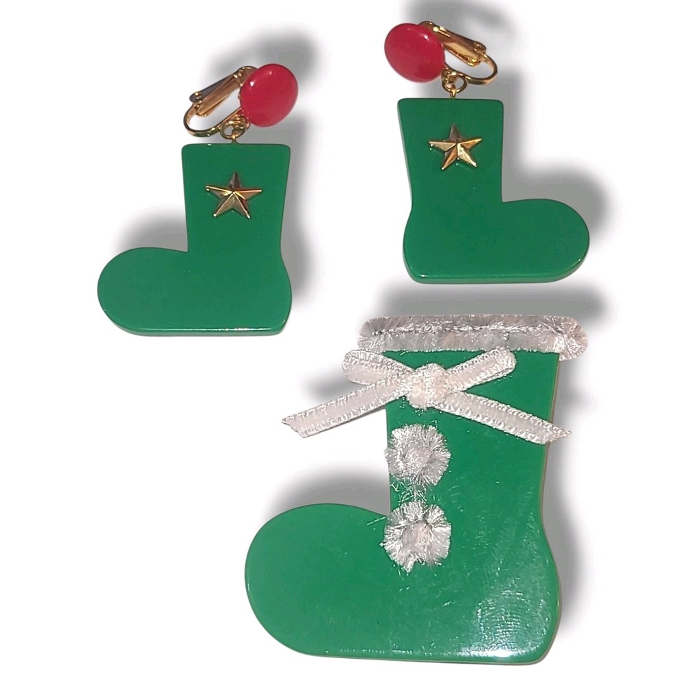 Vintage Green Christmas Stocking‎ Dangle Clip-on Earrings & Brooch Set